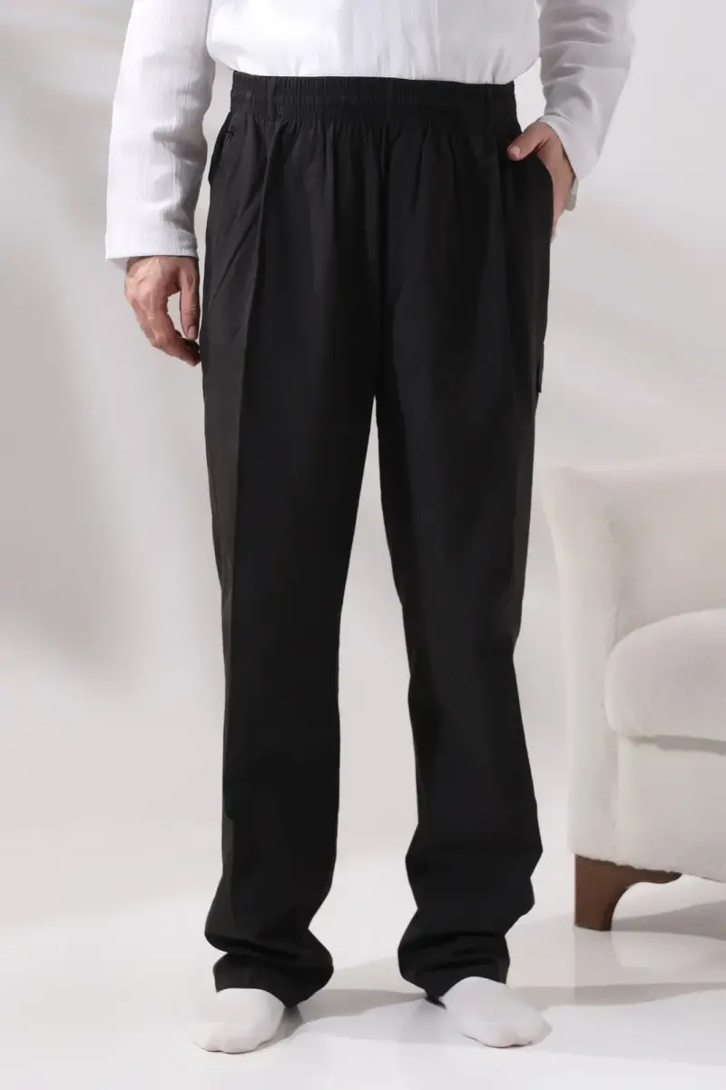 Men's Black Side Pocket Comfortable Cut Elastic Waist Cargo Hajj and Umrah Shalwar Trousers - 3