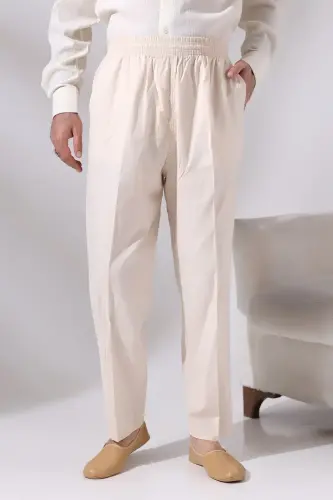 Men's Cream Çınar Casual Cut Elastic Waist Hajj and Umrah Linen Shalwar Trousers - 2