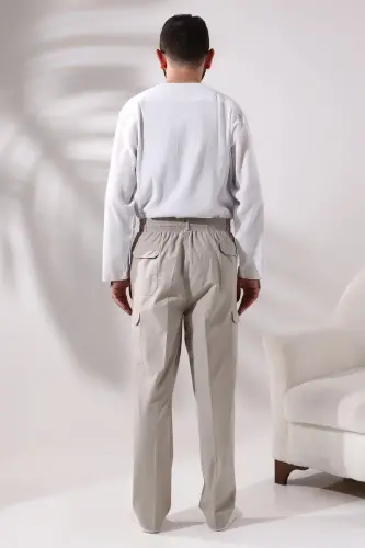 Men's Cream Side Pocket Comfortable Cut Elastic Waist Cargo Hajj and Umrah Shalwar Trousers - 7
