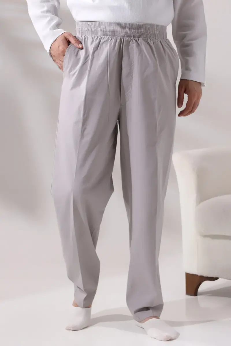 Men's Dark Gray Relaxed Cut Linen Hajj and Umrah Shalwar Trousers with Elastic Waist - 2