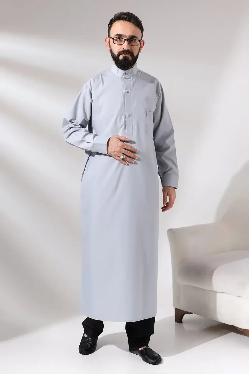 Men's Gray Plane Hajj and Umrah Clothing Long Dagron Fabric Fistan - 2