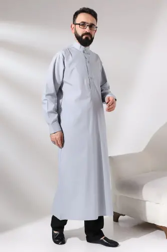 Men's Gray Plane Hajj and Umrah Clothing Long Dagron Fabric Fistan - 3