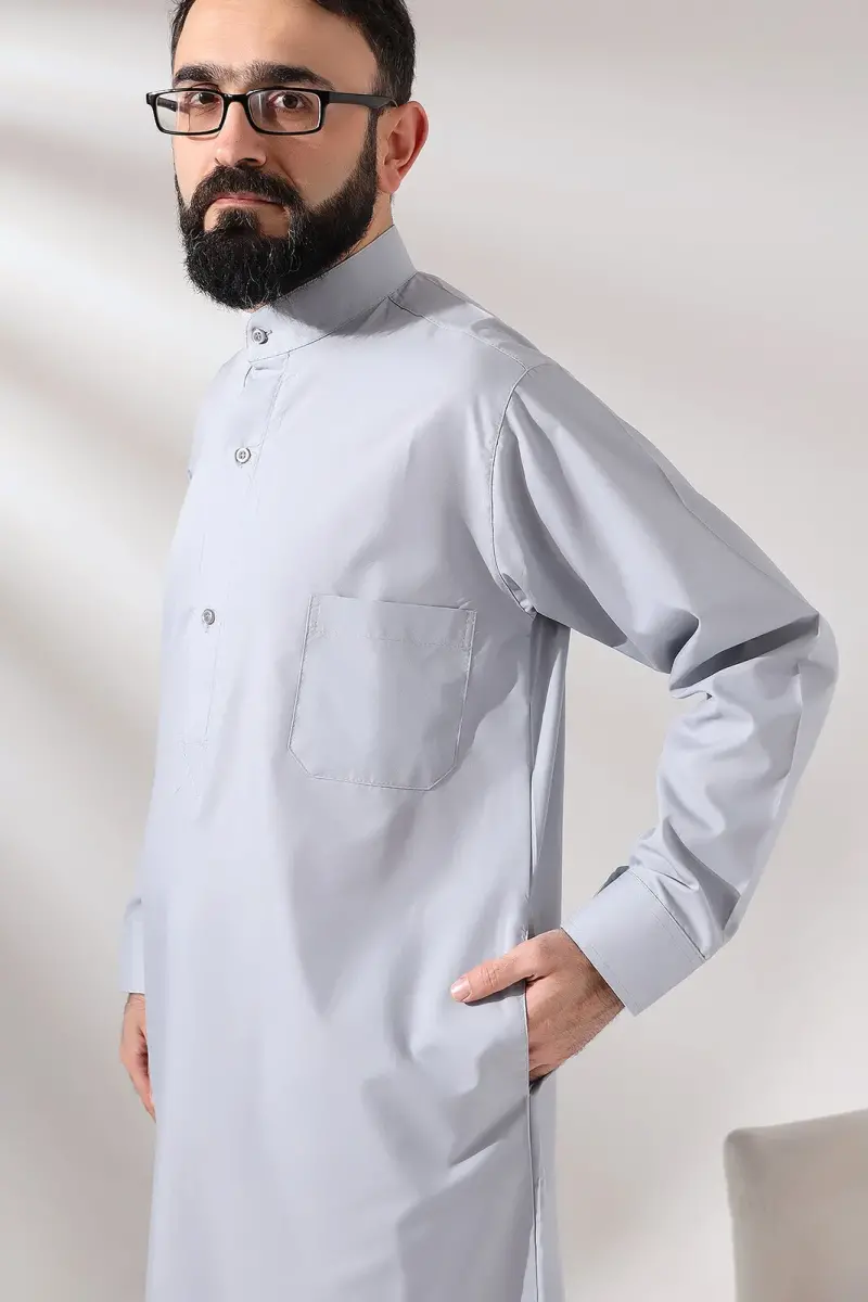 Men's Gray Plane Hajj and Umrah Clothing Long Dagron Fabric Fistan - 6