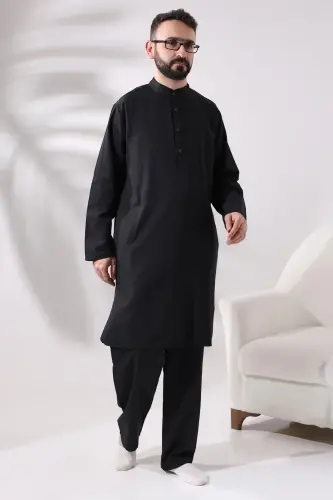 Men's Hajj and Umrah Clothing Double Bottom Top Afghan Suit Black - ihvanonline (1)