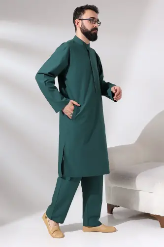 Men's Hajj and Umrah Clothing Double Bottom Top Afghan Suit Green - ihvanonline (1)