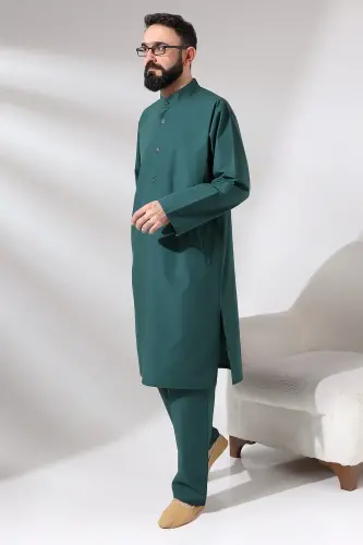 Men's Hajj and Umrah Clothing Double Bottom Top Afghan Suit Green - 3