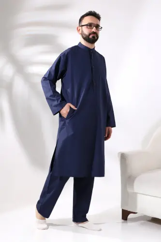 Men's Hajj and Umrah Clothing Double Bottom Top Afghan Suit Navy Blue - ihvanonline (1)