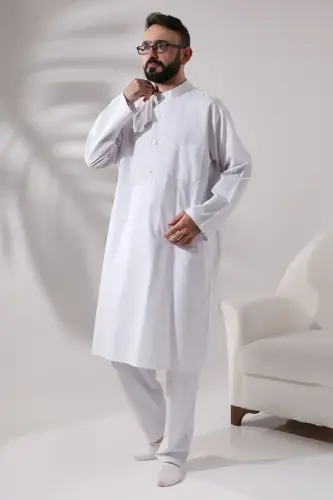 Men's Hajj and Umrah Clothing Double Bottom Top Afghan Suit White - ihvanonline (1)