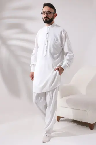 Men's Hajj and Umrah Clothing Double Top Bottom Viscose Afghan Suit Ecru - ihvanonline (1)