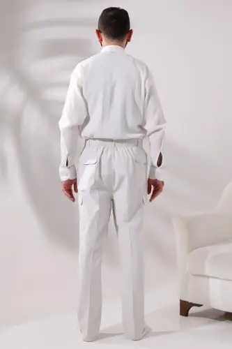 Men's Light Cream Side Pocket Relaxed Cut Elastic Waist Cargo Hajj and Umrah Shalwar Trousers - 7