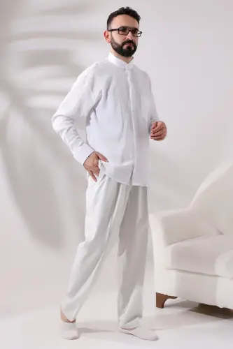 Men's Light Gray Relaxed Cut Linen Hajj and Umrah Shalwar Trousers with Elastic Waist - ihvanonline (1)