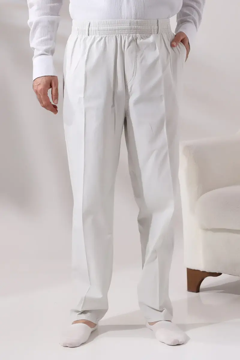 Men's Light Gray Relaxed Cut Linen Hajj and Umrah Shalwar Trousers with Elastic Waist - 3