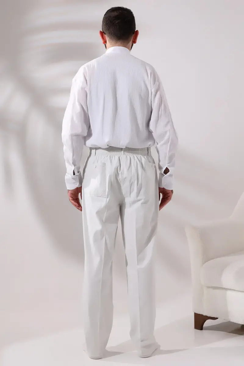 Men's Light Gray Relaxed Cut Linen Hajj and Umrah Shalwar Trousers with Elastic Waist - 7