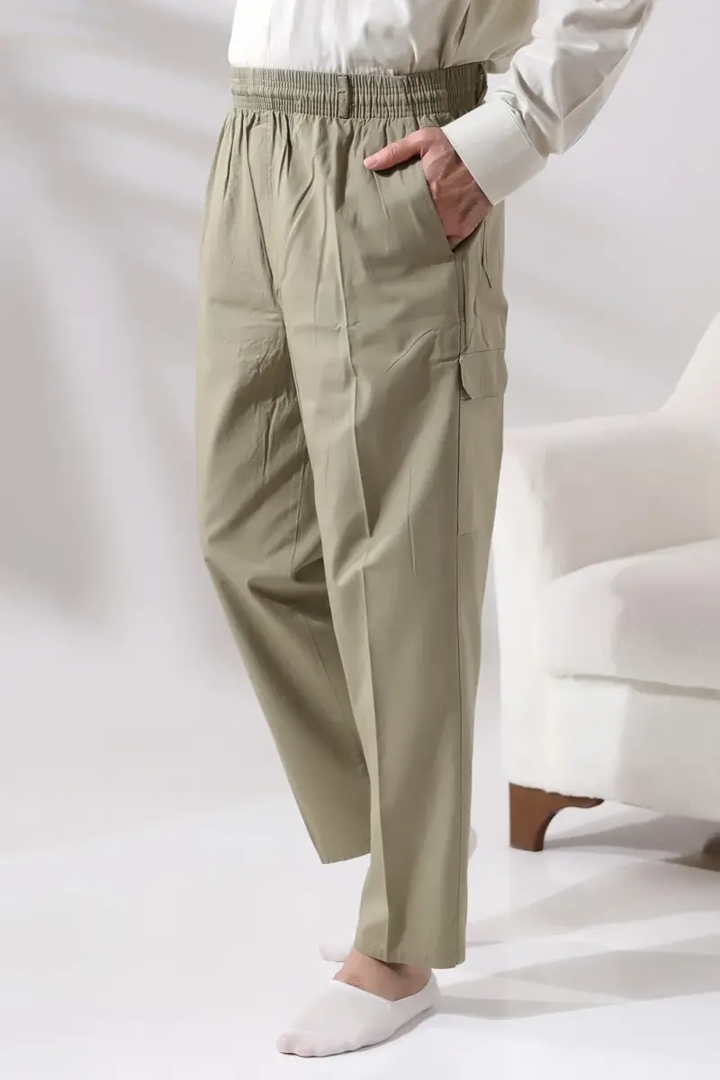 Men's Light Khaki Side Pocket Relaxed Cut Cargo Shalwar Trousers with Elastic Waist - 1