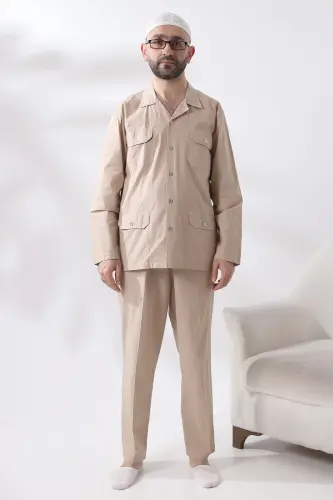 Men's Linen 4 Pocket Double Safari Suit Hajj Umrah Clothing Beige - 4