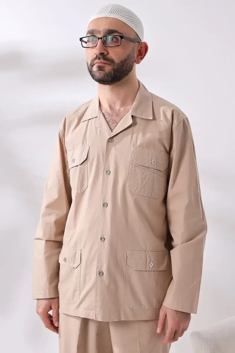 Men's Linen 4 Pocket Double Safari Suit Hajj Umrah Clothing Beige - 5