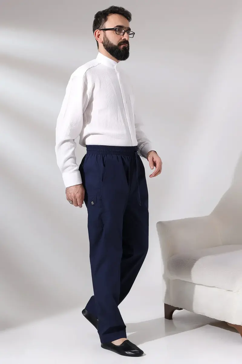 Men's Navy Blue Çınar Beach Side Pocket Casual Cut Elastic Waist Cargo Shalwar Trousers - 7