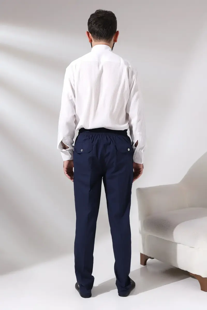 Men's Navy Blue Çınar Beach Side Pocket Casual Cut Elastic Waist Cargo Shalwar Trousers - 5