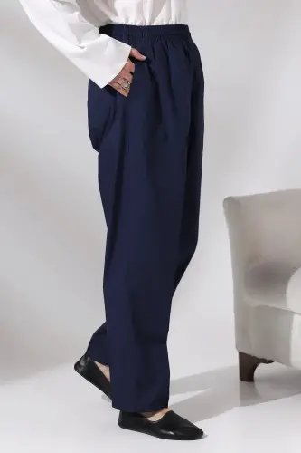 Men's Navy Blue Çınar Casual Cut Elastic Waist Hajj and Umrah Linen Shalwar Trousers - ihvanonline (1)