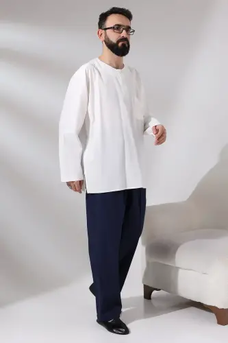 Men's Navy Blue Çınar Casual Cut Elastic Waist Hajj and Umrah Linen Shalwar Trousers - 7