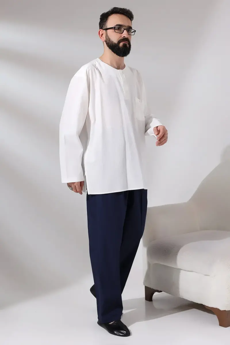 Men's Navy Blue Çınar Casual Cut Elastic Waist Hajj and Umrah Linen Shalwar Trousers - 7