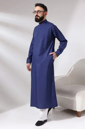 Men's Navy Blue Plane Hajj and Umrah Clothing Tall Dagron Fabric Fistan - ihvanonline (1)