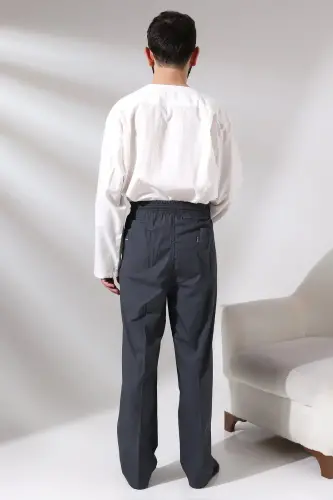 Men's Smoked Çınar Relaxed Cut Waist Elastic Hajj and Umrah Linen Shalwar Trousers - 6