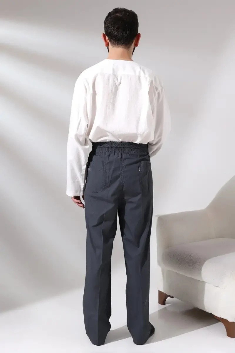 Men's Smoked Çınar Relaxed Cut Waist Elastic Hajj and Umrah Linen Shalwar Trousers - 6