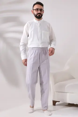 Men's Stone Relaxed Cut Elastic Waist Linen Hajj and Umrah Shalwar Trousers - 6