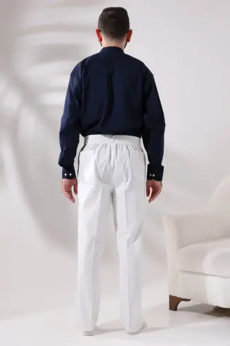 Men's White Comfortable Cut Elastic Waist Linen Hajj and Umrah Shalwar Trousers - 8