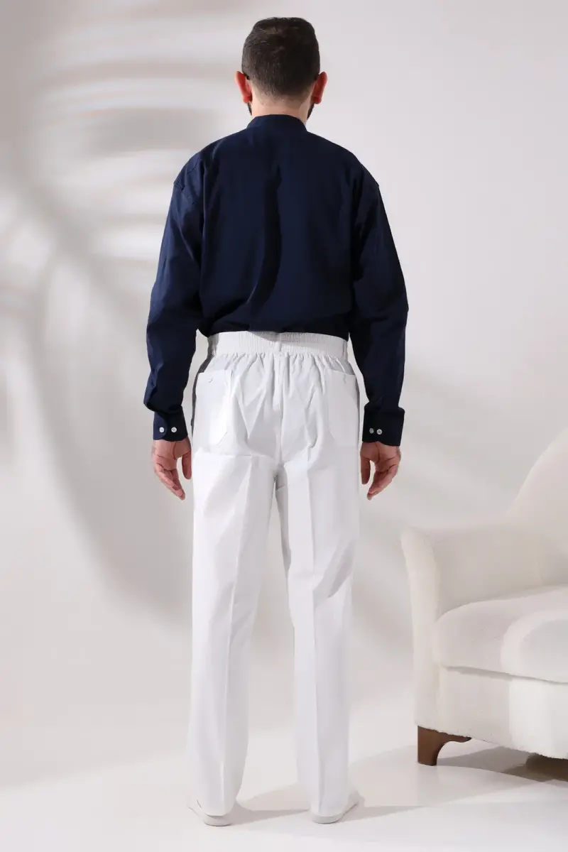 Men's White Comfortable Cut Elastic Waist Linen Hajj and Umrah Shalwar Trousers - 8