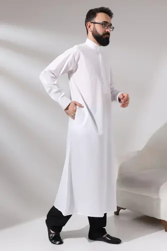 Men's White Plane Hajj and Umrah Clothing Long Dagron Fabric Fistan - ihvanonline (1)
