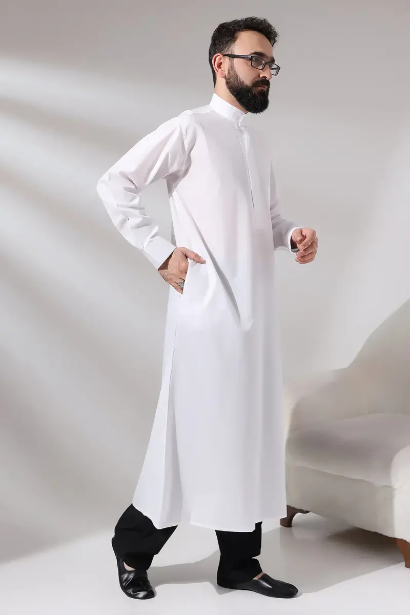 Men's White Plane Hajj and Umrah Clothing Long Dagron Fabric Fistan - 2