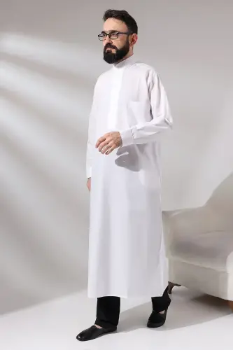 Men's White Plane Hajj and Umrah Clothing Long Dagron Fabric Fistan - 3