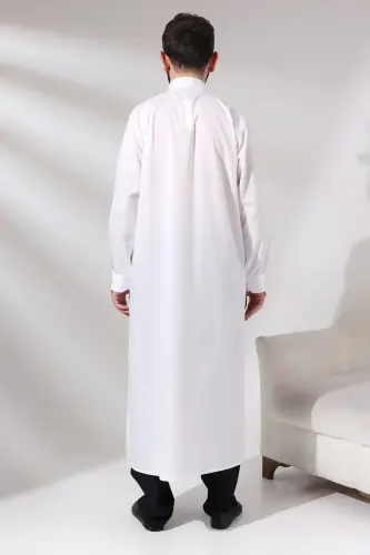 Men's White Plane Hajj and Umrah Clothing Long Dagron Fabric Fistan - 4