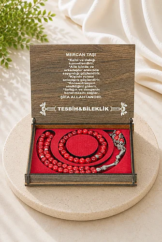 Mercan Taşı Tesbih ve Bileklik Seti – Ahşap Kutulu Şık Hediye Seti - 1