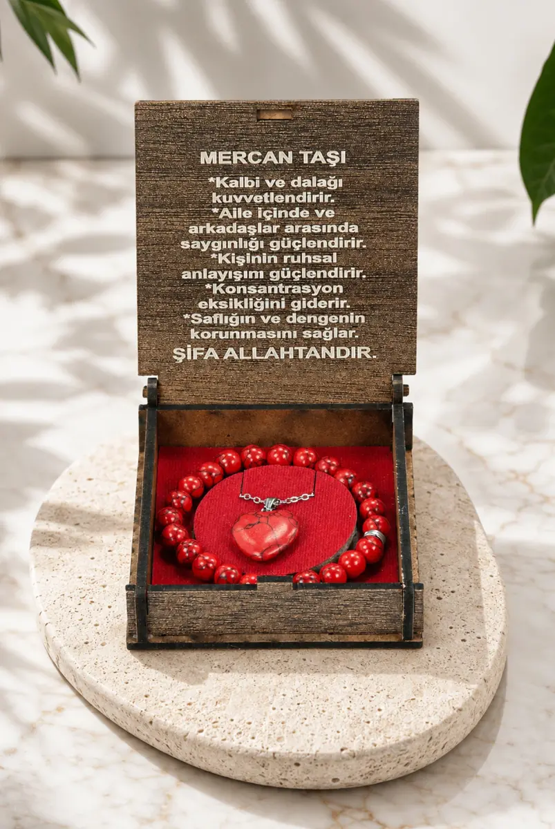 Mercan Taşı Bileklik ve Kolye Seti - Ahşap Kutulu Hediyelik - 1
