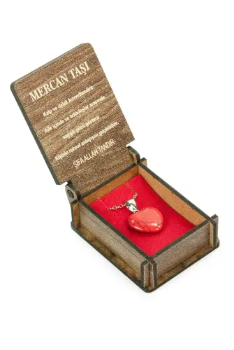 Mercan Taşı Kalp Kolye - Ahşap Kutulu Hediyelik - 4