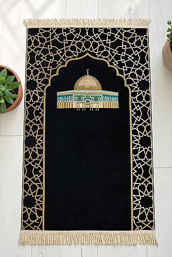Mescidi Aksa Desenli Şönil Seccade - Siyah - 3