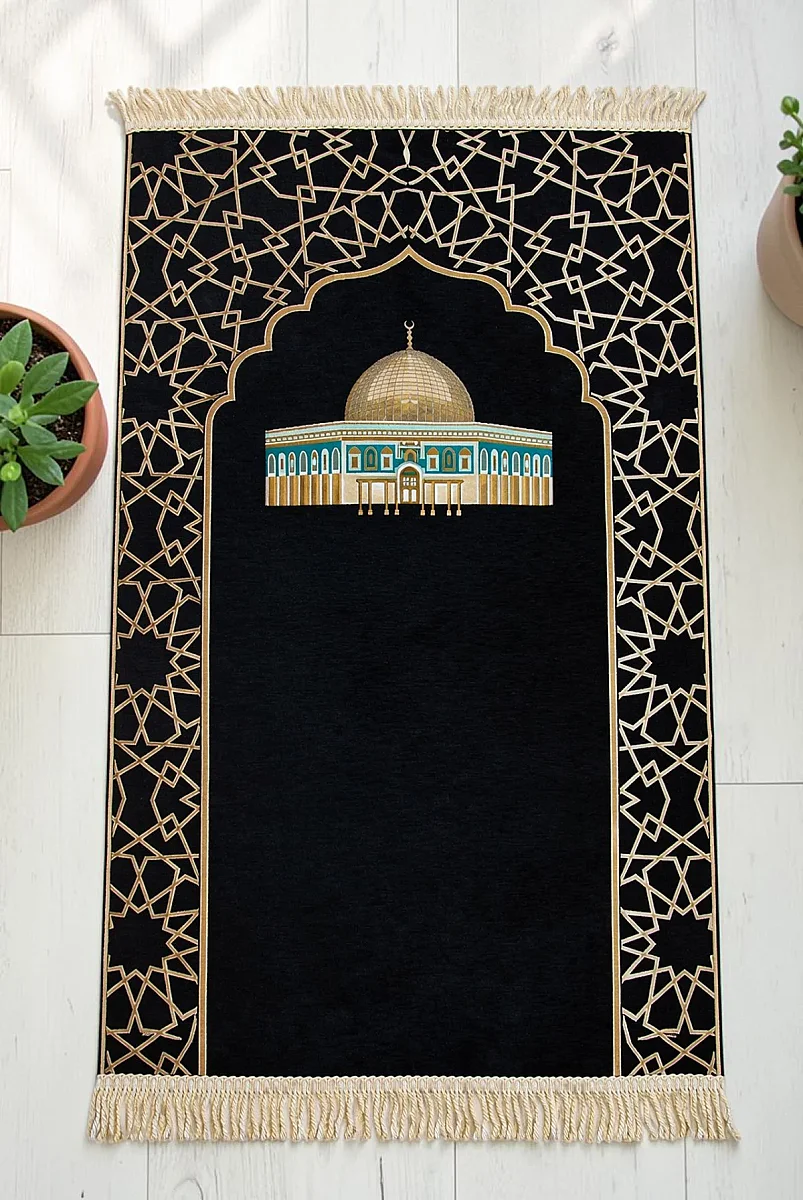 Mescidi Aksa Desenli Şönil Seccade - Siyah - 3