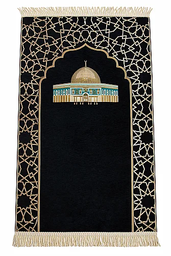 Mescidi Aksa Desenli Şönil Seccade - Siyah 