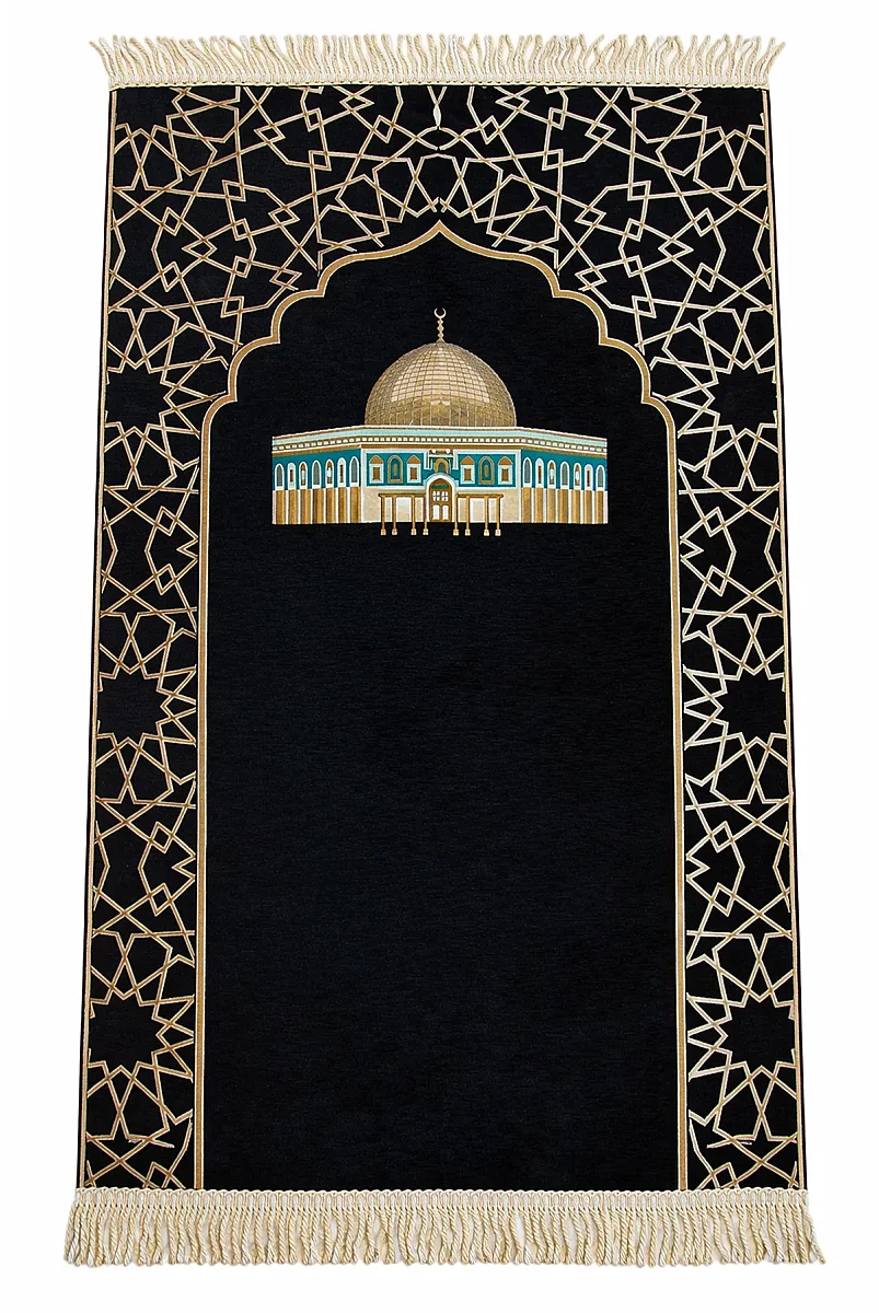 Mescidi Aksa Desenli Şönil Seccade - Siyah - 1