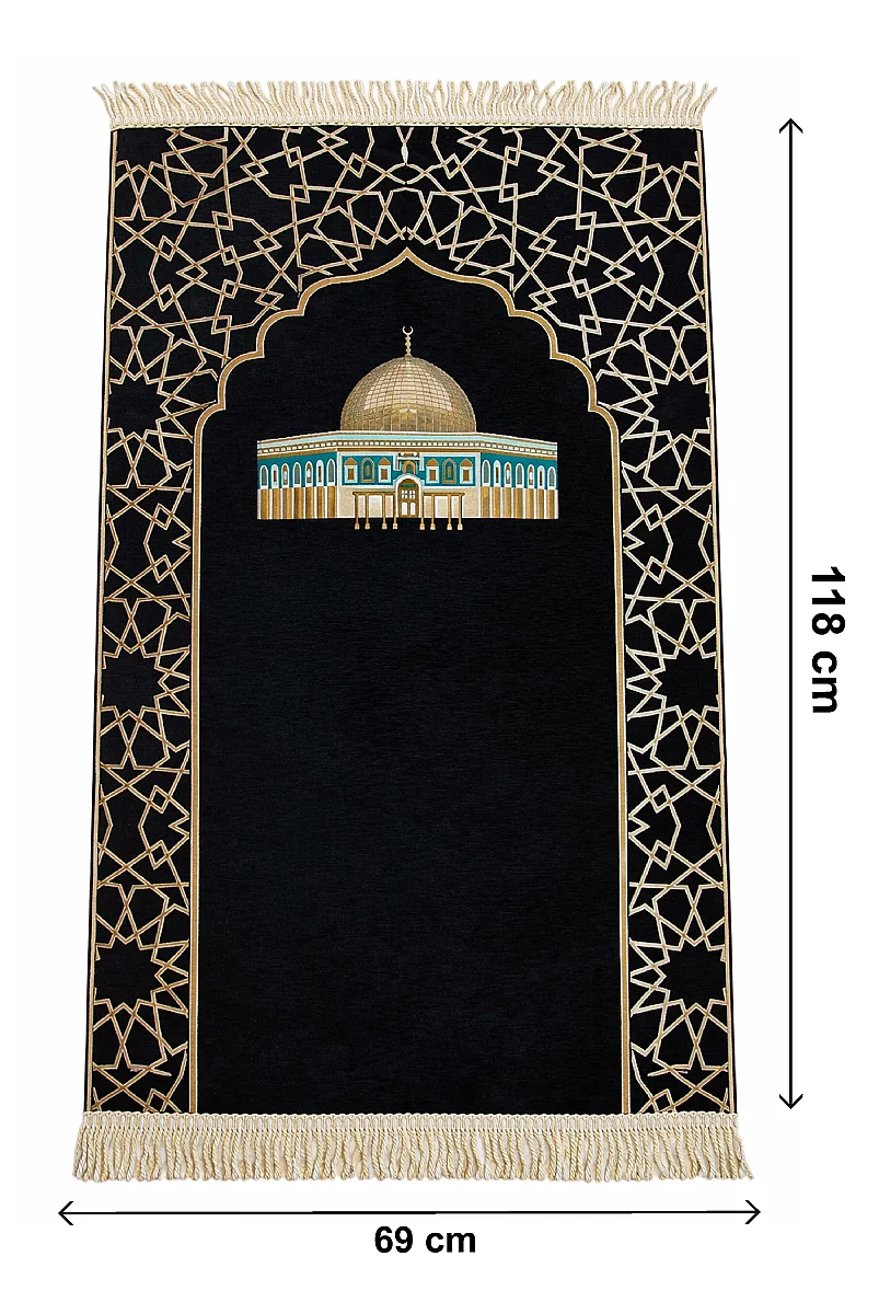 Mescidi Aksa Desenli Şönil Seccade - Siyah - 2
