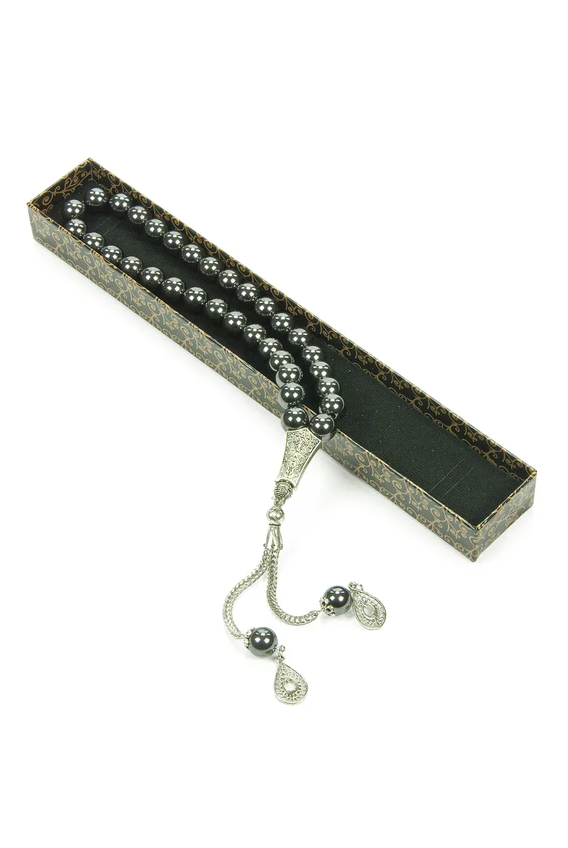 Metal Ayyıldız Püsküllü Hematit Doğaltaş Hediyelik Tesbih - 33lü - Küre Kesim - 2