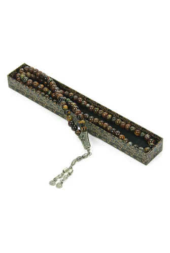 Metal İkili Osmanlı Tuğrası Püsküllü Kaplan Gözü Doğaltaş Hediyelik Tesbih - 99lu - Küre Kesim - İhvan (1)