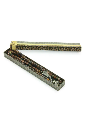 Metal İkili Osmanlı Tuğrası Püsküllü Kaplan Gözü Doğaltaş Hediyelik Tesbih - 99lu - Küre Kesim - 1