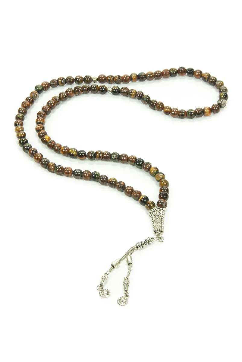 Metal İkili Osmanlı Tuğrası Püsküllü Kaplan Gözü Doğaltaş Hediyelik Tesbih - 99lu - Küre Kesim - 3