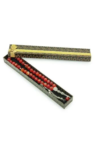 Metal Osmanlı Tuğrası Püsküllü Kırmızı Akik Doğaltaş Hediyelik Tesbih - 33lü - Küre Kesim - 1