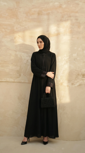 Mevlana Taş İşlemeli Ferace Kloş Kesim Fermuarlı Saten Manşetli Siyah 9587-26 - Beyza