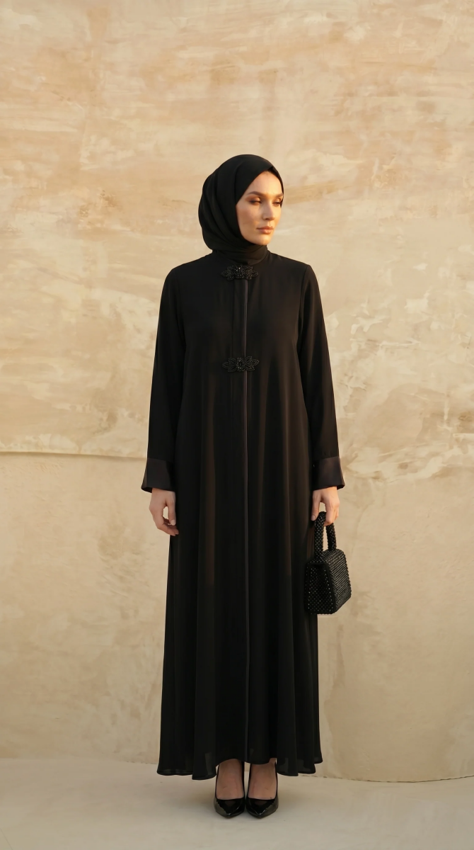 Mevlana Taş İşlemeli Ferace Kloş Kesim Fermuarlı Saten Manşetli Siyah 9587-26 - 2
